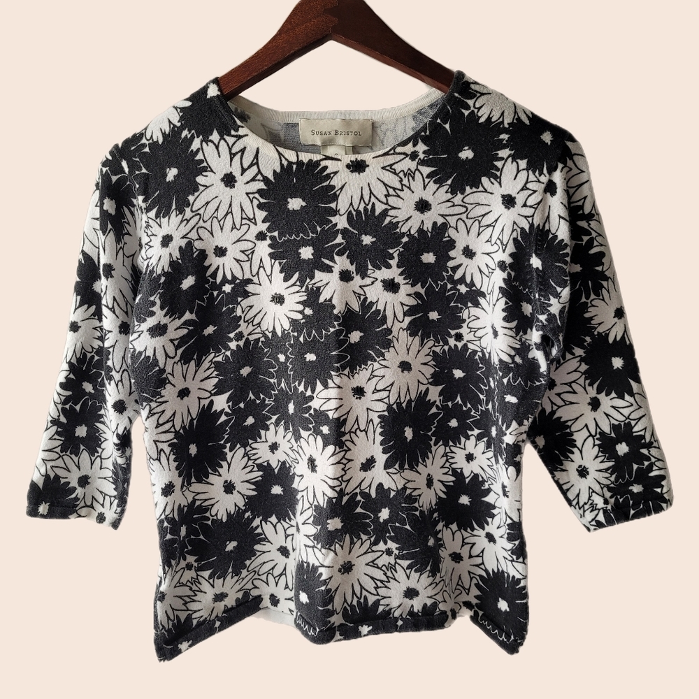 Vtg Susan Bristol Floral 3/4 Sleeve Sequin Stretchy Blouse Sz Small